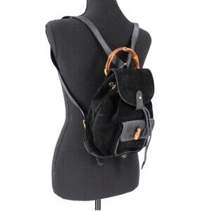 GUCCI Black Leather Suede Bamboo Mini Backpack Adjustable Strap Handbag Purse